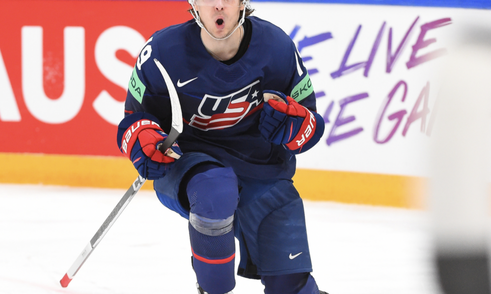 Cutter Gauthier celebrates goal at World Championships.