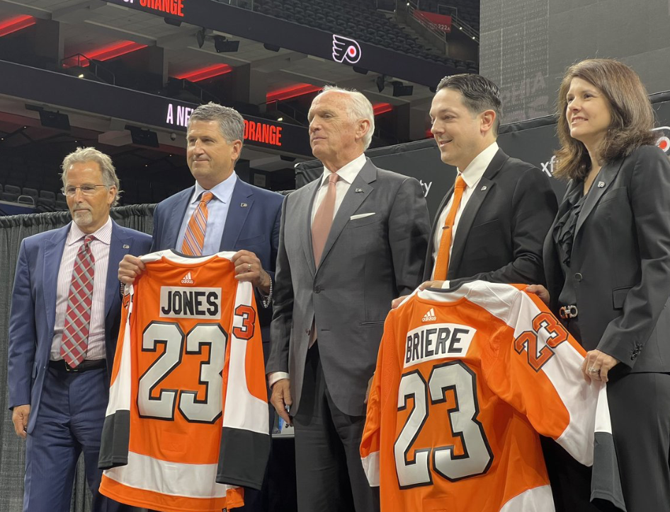 Flyers management team of, from left, John Tortorella, Keith Jones, Dan Hilferty, Daniel Brière and Valerie Camillo.