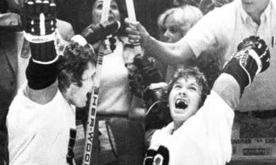 Bobby Clarke, Don Saleski celebrate Stanley Cup victory.