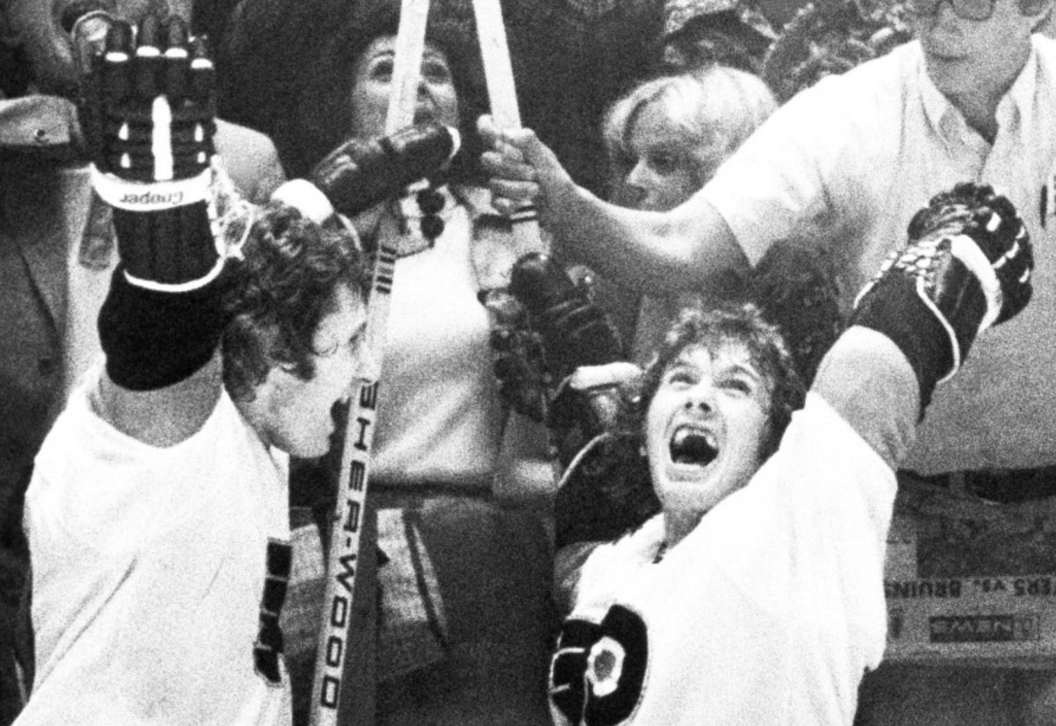 Bobby Clarke, Don Saleski celebrate Stanley Cup victory.