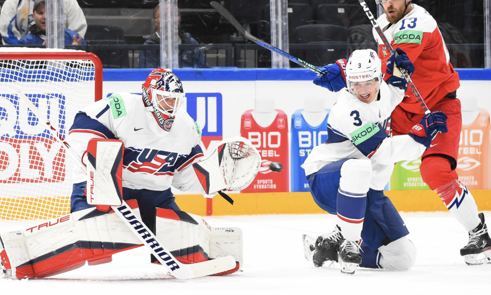 Team USA goalie Casey DeSmith holds off Czechia.