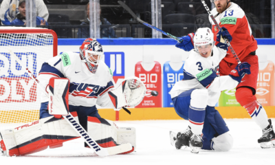 Team USA goalie Casey DeSmith holds off Czechia.