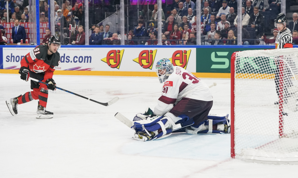 Canada's Adam Fantilli scores winning goal vs. Latvia.