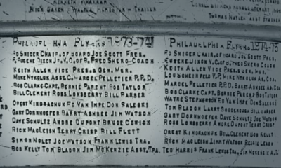 Names of Flyers engraved on Stanley Cup from 1974-75 title teams.