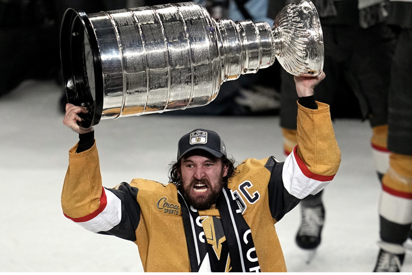 Vegas captain Mark Stone celebrates with the Stanley Cup. (AP Photo/Abbie Parr)