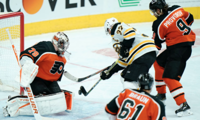 Patrice Bergeron scores winning goal against Flyers. (AP Photo)