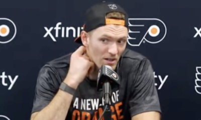 Sean Couturier speaks to media at Training Camp.