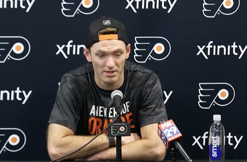 Sean Couturier talks to media at Flyers Training Camp.